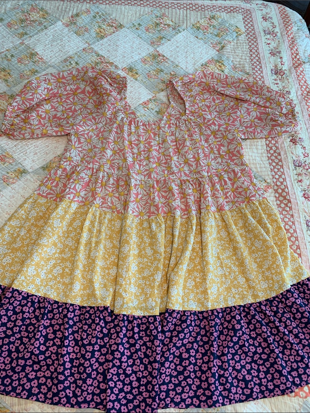 Boho Tiered Floral Mini Dress in Pink, Yellow & Purple - Picture 4 of 6